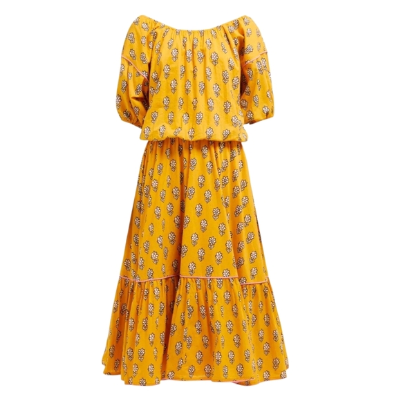 Rhode Yellow & White Floral Frida Off-Shoulder Cotton Midi Dress - Picture 1 of 10